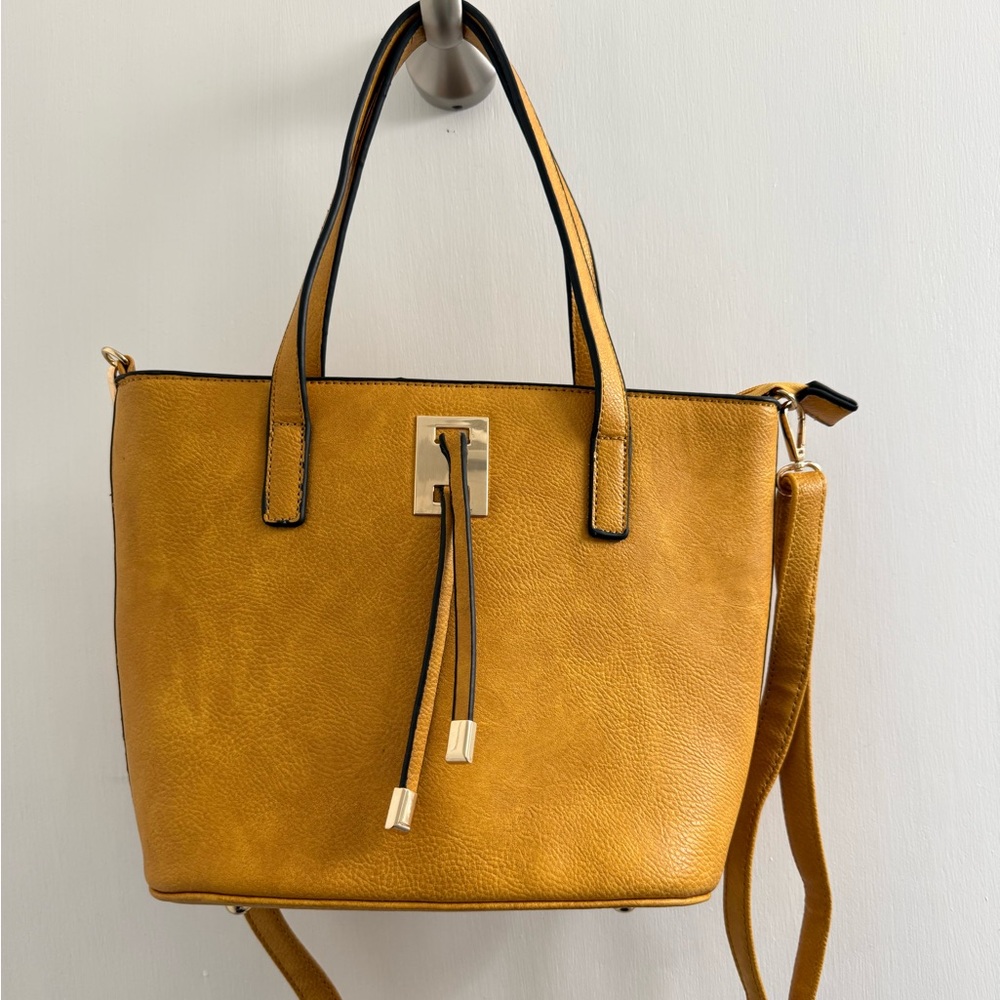Mustard yellow purse; gold hardware, zips. No brand